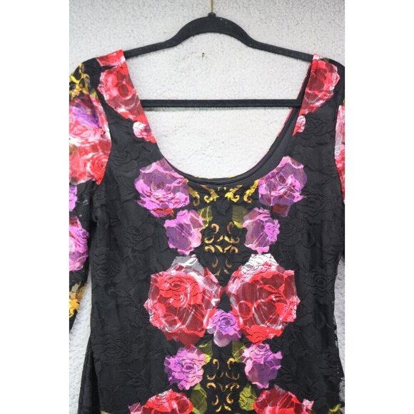 Venus 3/4 Mesh Sleeves Lace Sheer Floral Bodycon Dress-Large-Whimsigoth-Lined - Picture 3 of 13